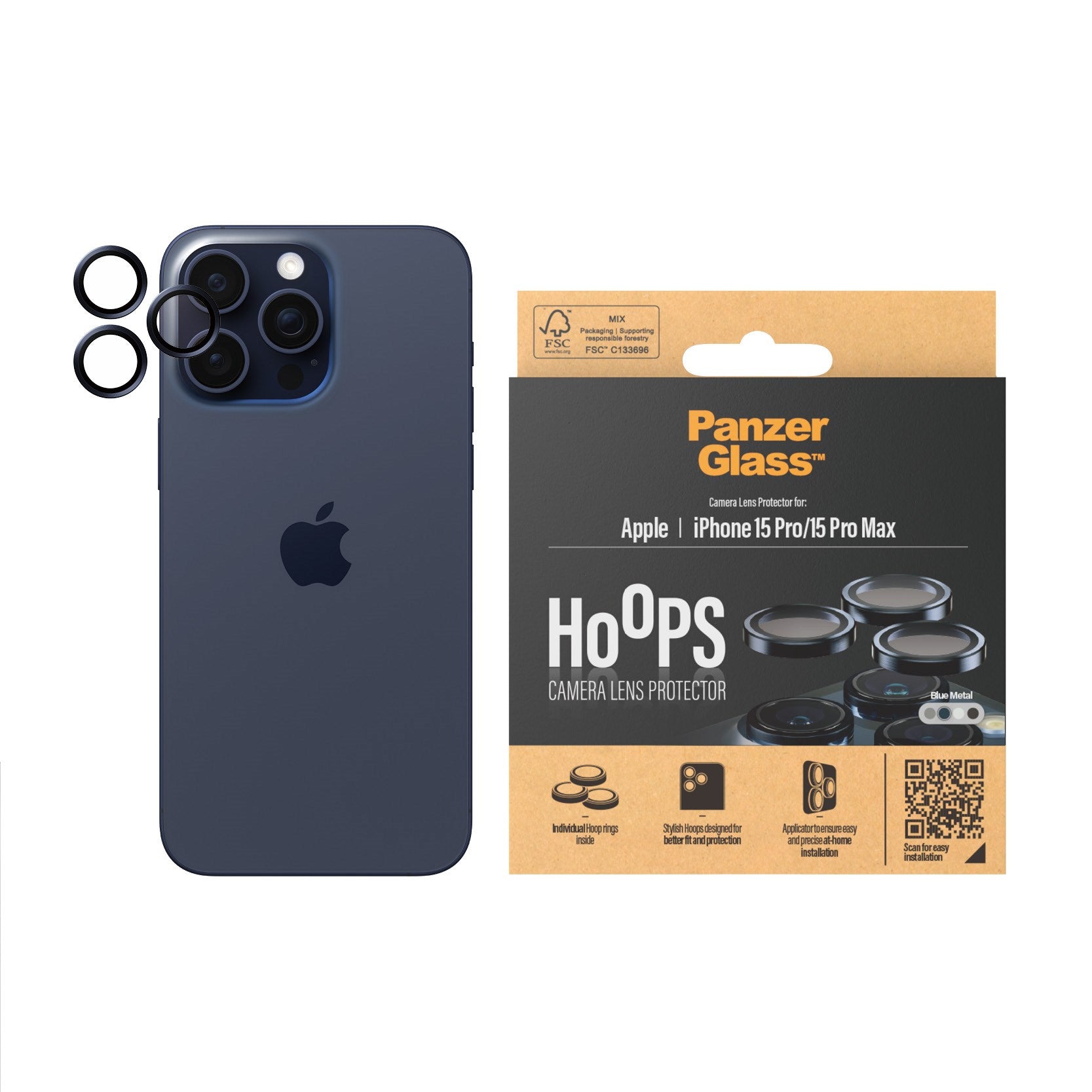 PanzerGlass® Hoops® Blaues Metall Kameraschutz iPhone 15 Pro | 15 Pro Max